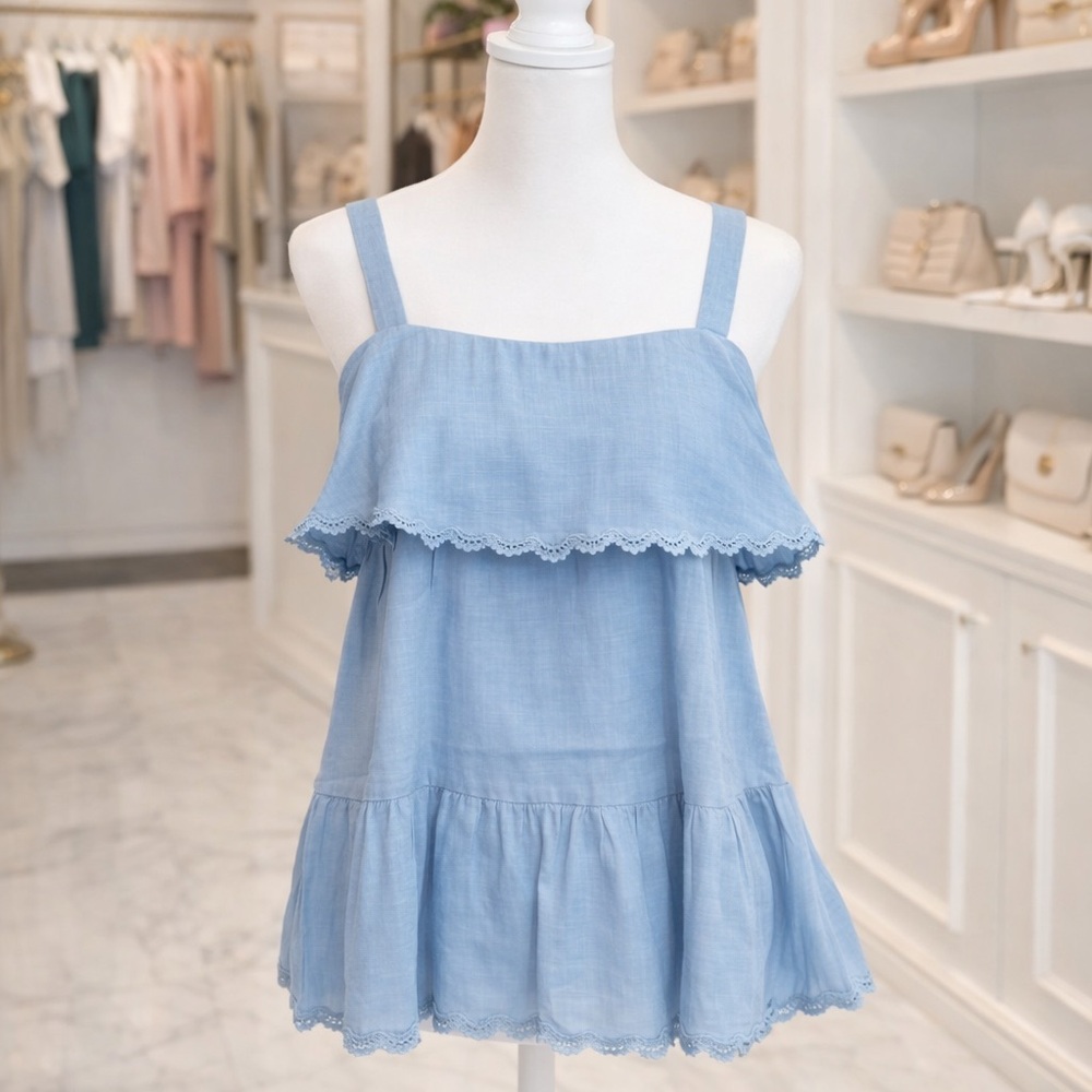 White Birch Linen Blend Tiered Ruffle Tank Lace Trim Adjustable Straps Boutique